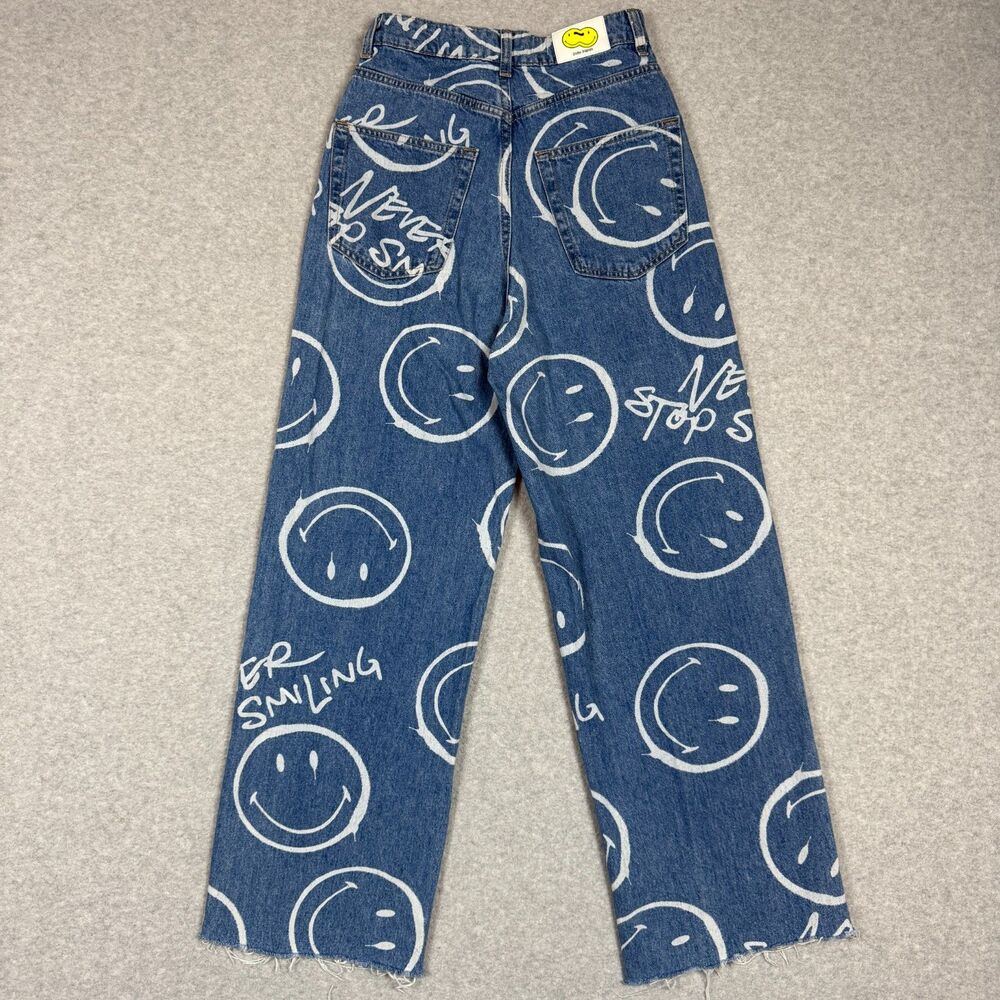 H&M x Smiley Womens Y2K Baggy Style Smiley Face Print Denim Jeans - Size 0 - Picture 2 of 7